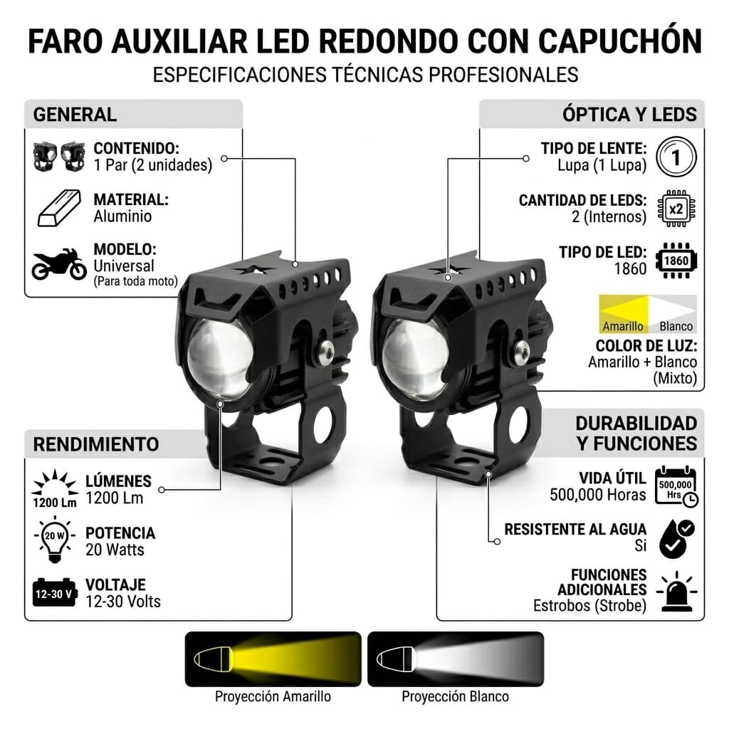 Faros Auxiliares Led Niebla Tipo Cañón Con Estrobos Blanco /Amarillo - Imagen 2